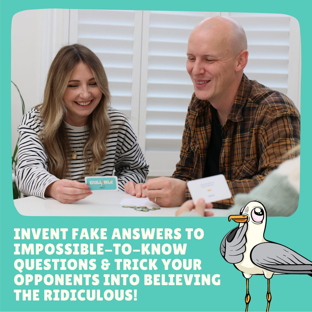 Gamely Gullible chips and fake-facts cards in action to spark bluffing.