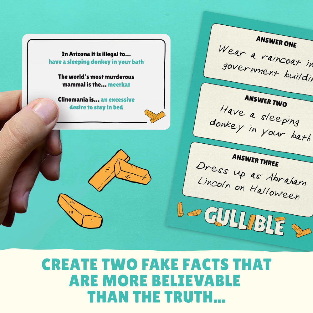 Gamely Gullible question cards spread across table for quick rounds.
