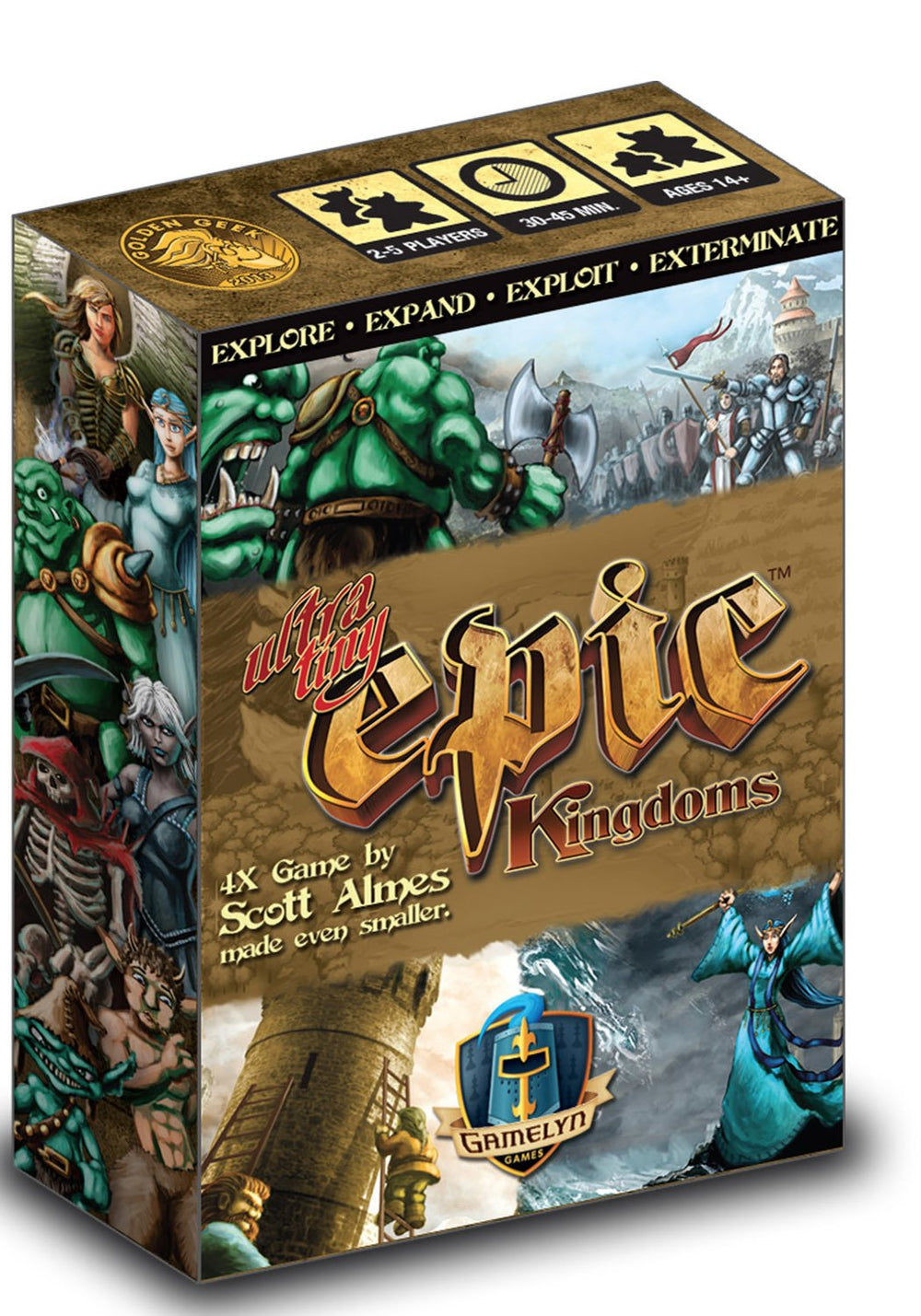 Gamelyn Games Ultra-Tiny Epic Kingdoms tower and cubes for quick travel setup.