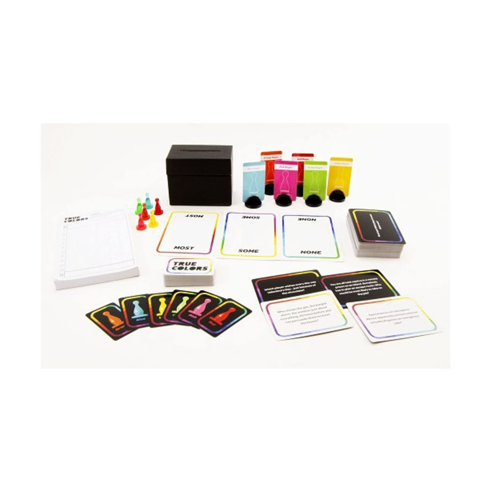 Games Adults Play True Colors voting cards showing who fits the description during a party moment.