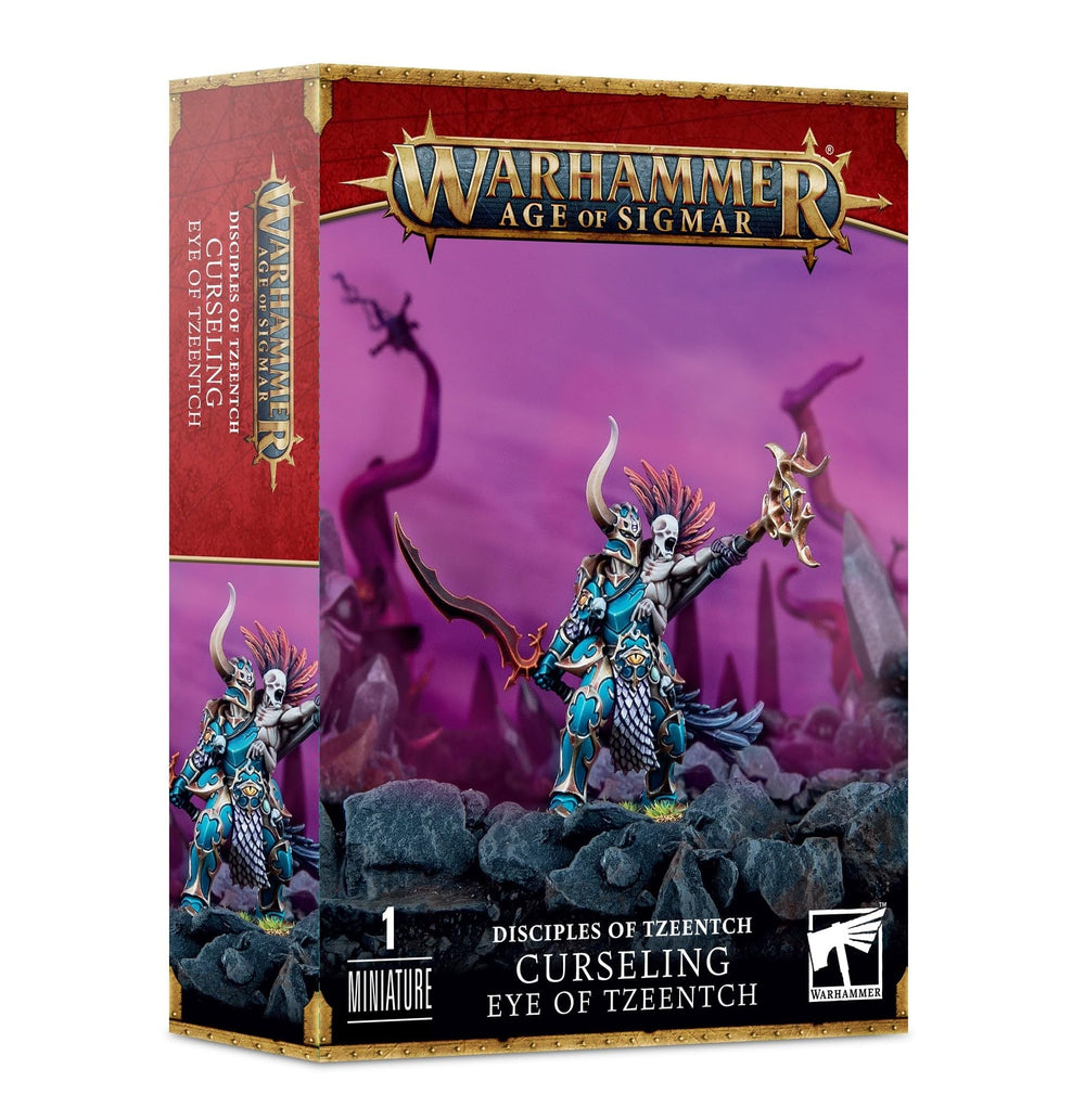Games Workshop Curseling Eye of Tzeentch miniature with ornate armor, ideal for tabletop battles and army display.