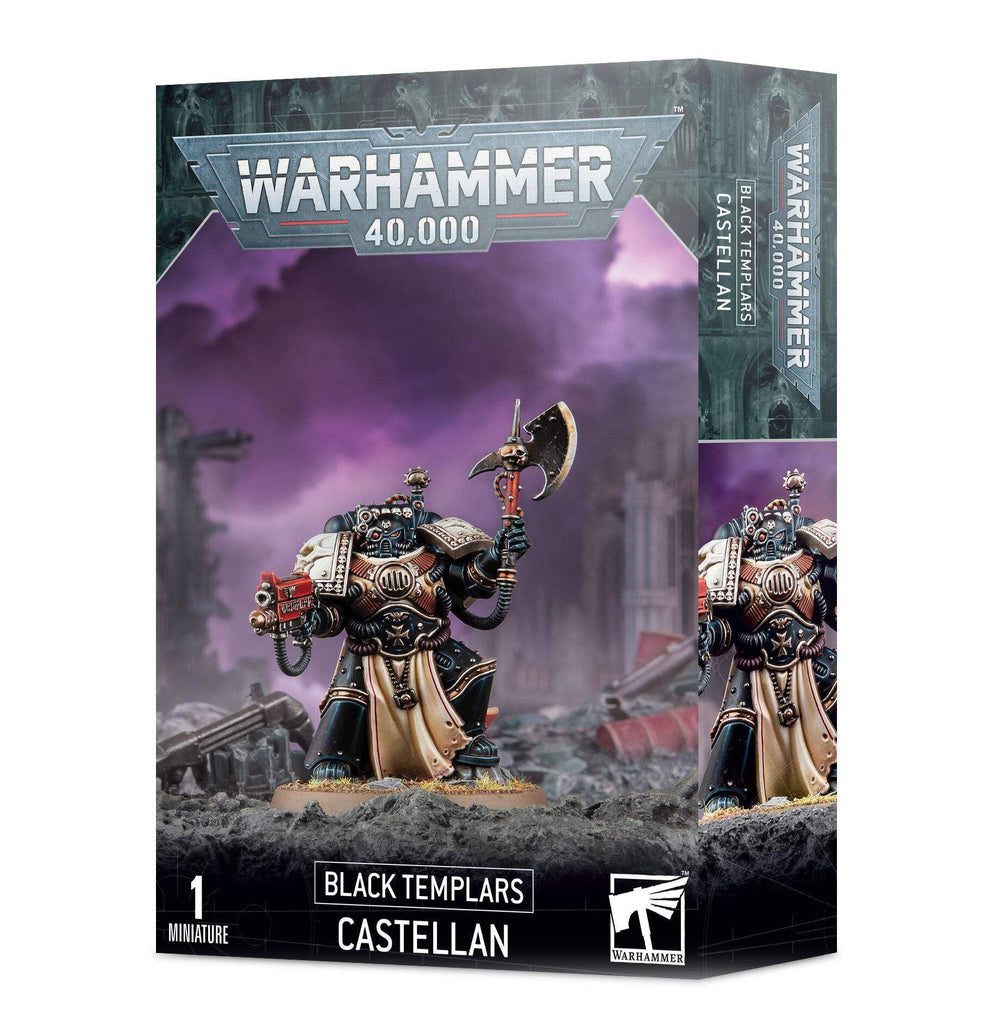 Games Workshop Black Templars Castellan miniature with combi-flamer and power axe, ready for assembly.