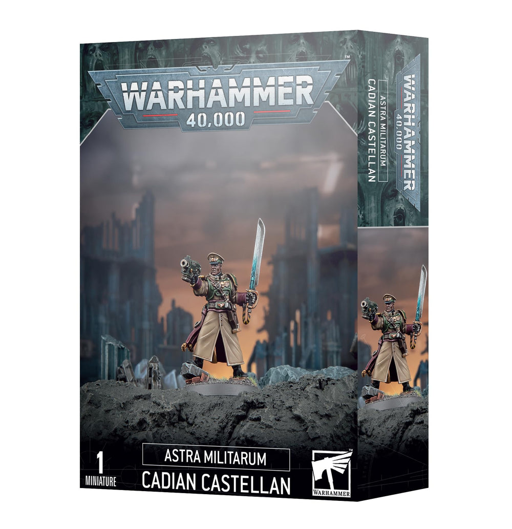 Games Workshop Cadian Castellan in dramatic hero pose for commanding tabletop presence.