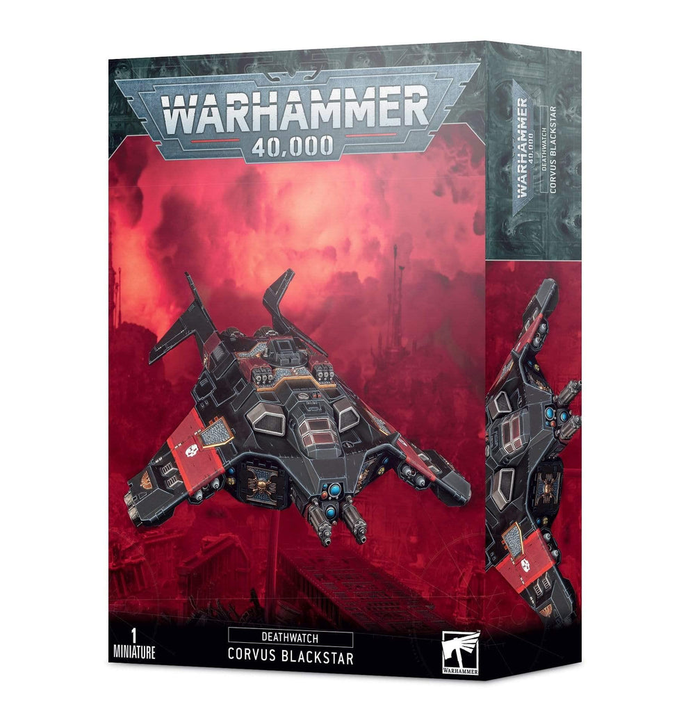 Games Workshop Deathwatch Corvus Blackstar parts laid out for assembly and customization.