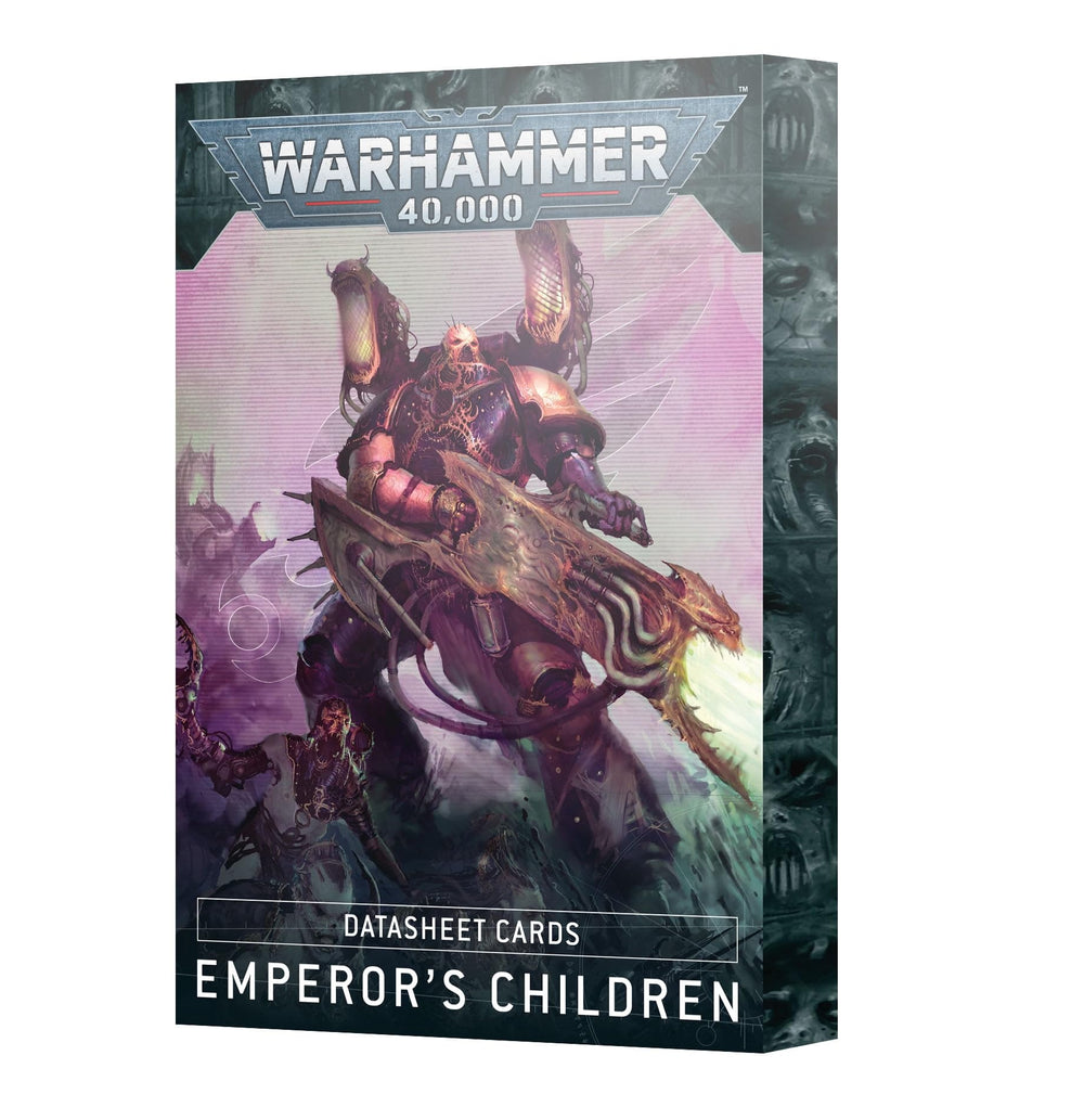 Games Workshop Emperor's Children Datasheet Cards close-up shows the pink foil edge for fast rule checks.