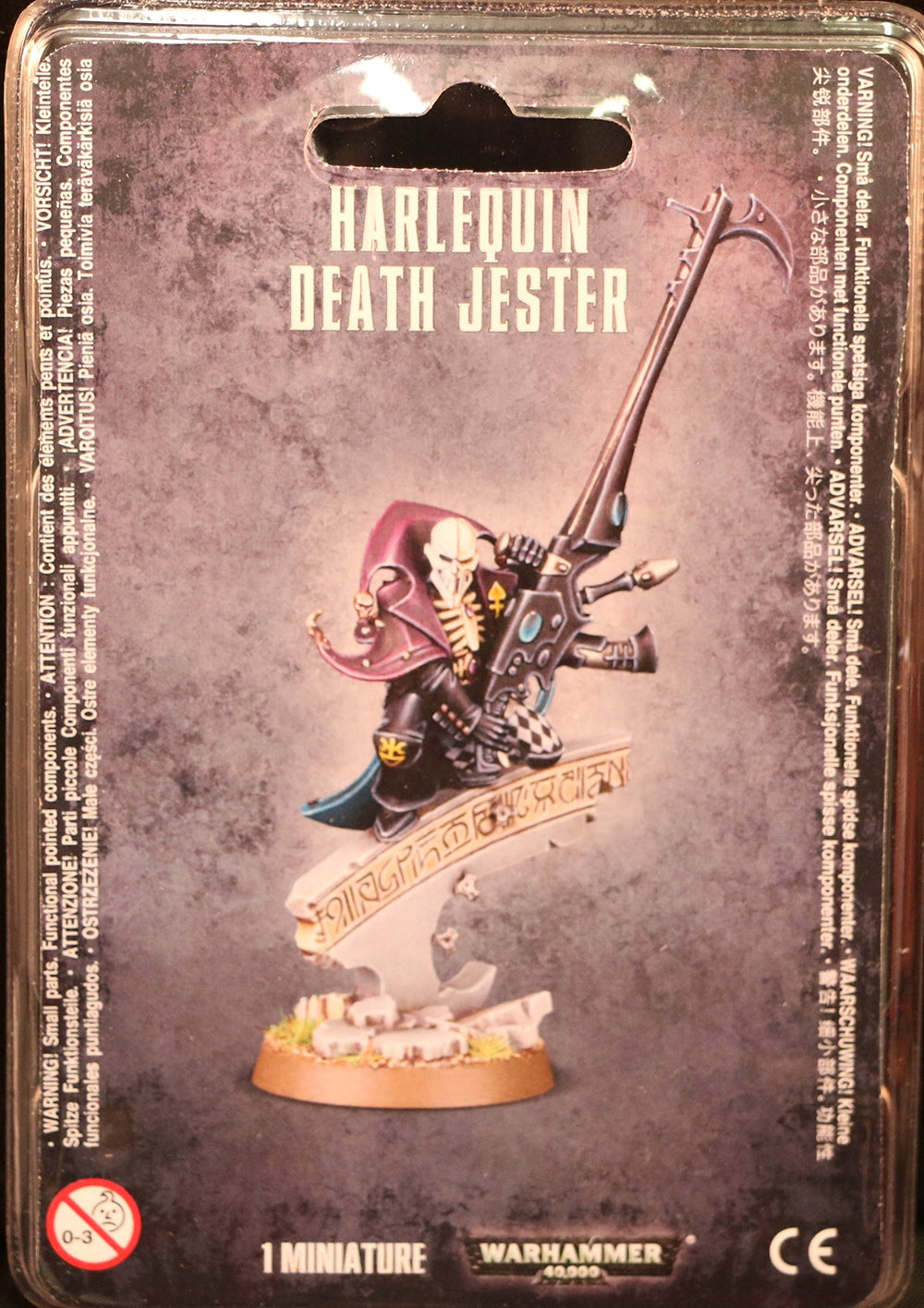 Games Workshop Harlequin Death Jester, front view miniature, ideal for painting practice and display
