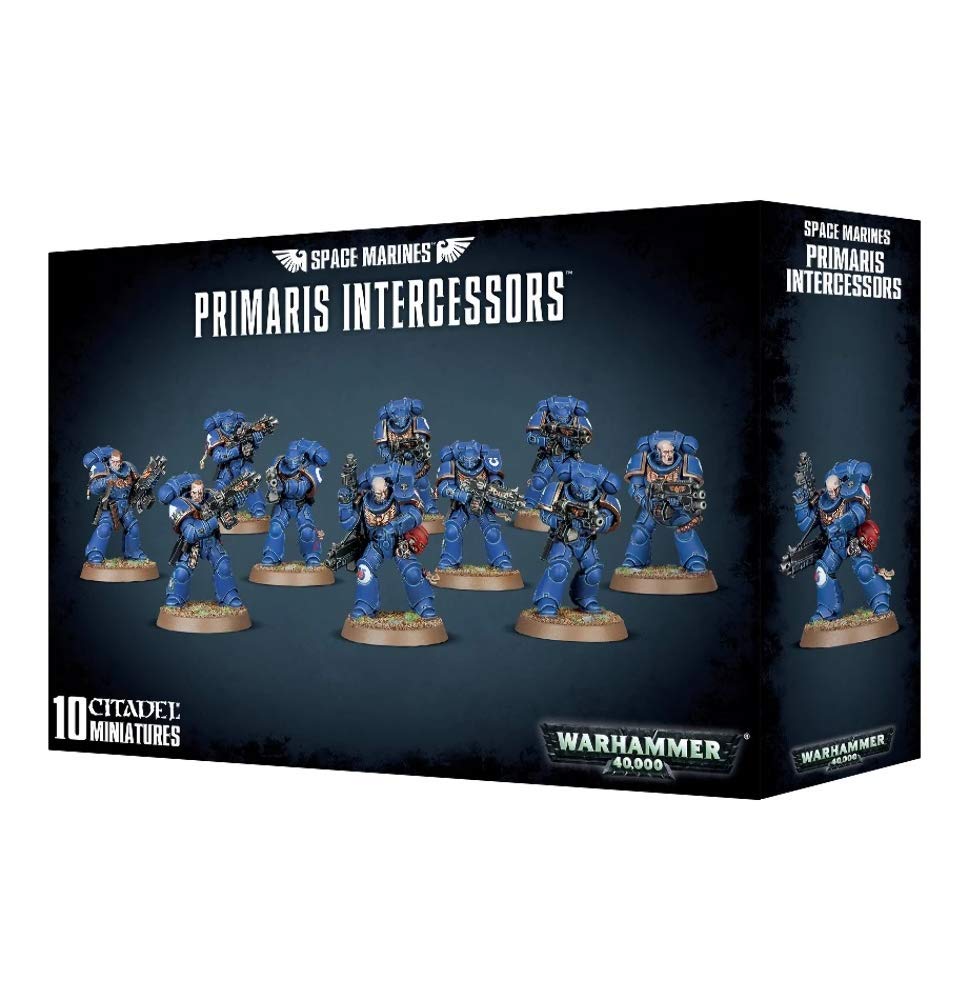 Games Workshop Primaris Intercessors kit showing multi-part components for ten miniatures for tabletop battles