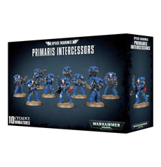 Games Workshop Primaris Intercessors kit showing multi-part components for ten miniatures for tabletop battles