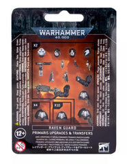 Games Workshop Raven Guard primaris upgrades transfer sheet showing chapter icons for enhanced army customization.