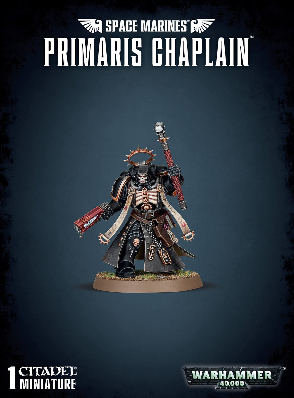 Games Workshop Space Marine Primaris Chapelain model front view, ideal for display and painting.