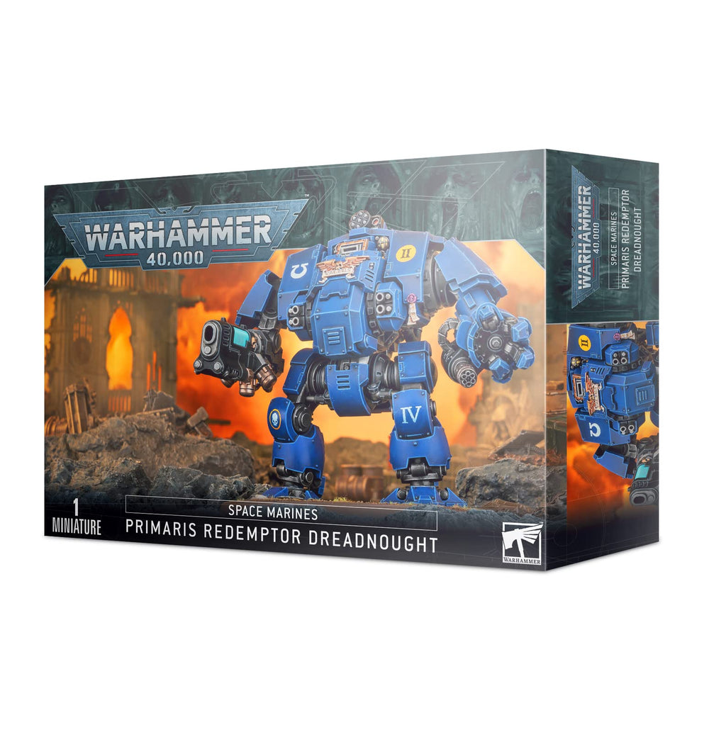 Games Workshop Primaris Redemptor Dreadnought front view, dramatic tabletop centerpiece