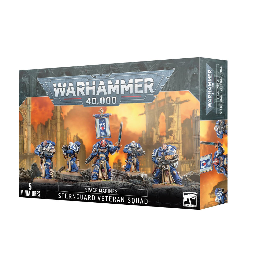 Games Workshop Sternguard Sergeant with banner shows leadership and display options.