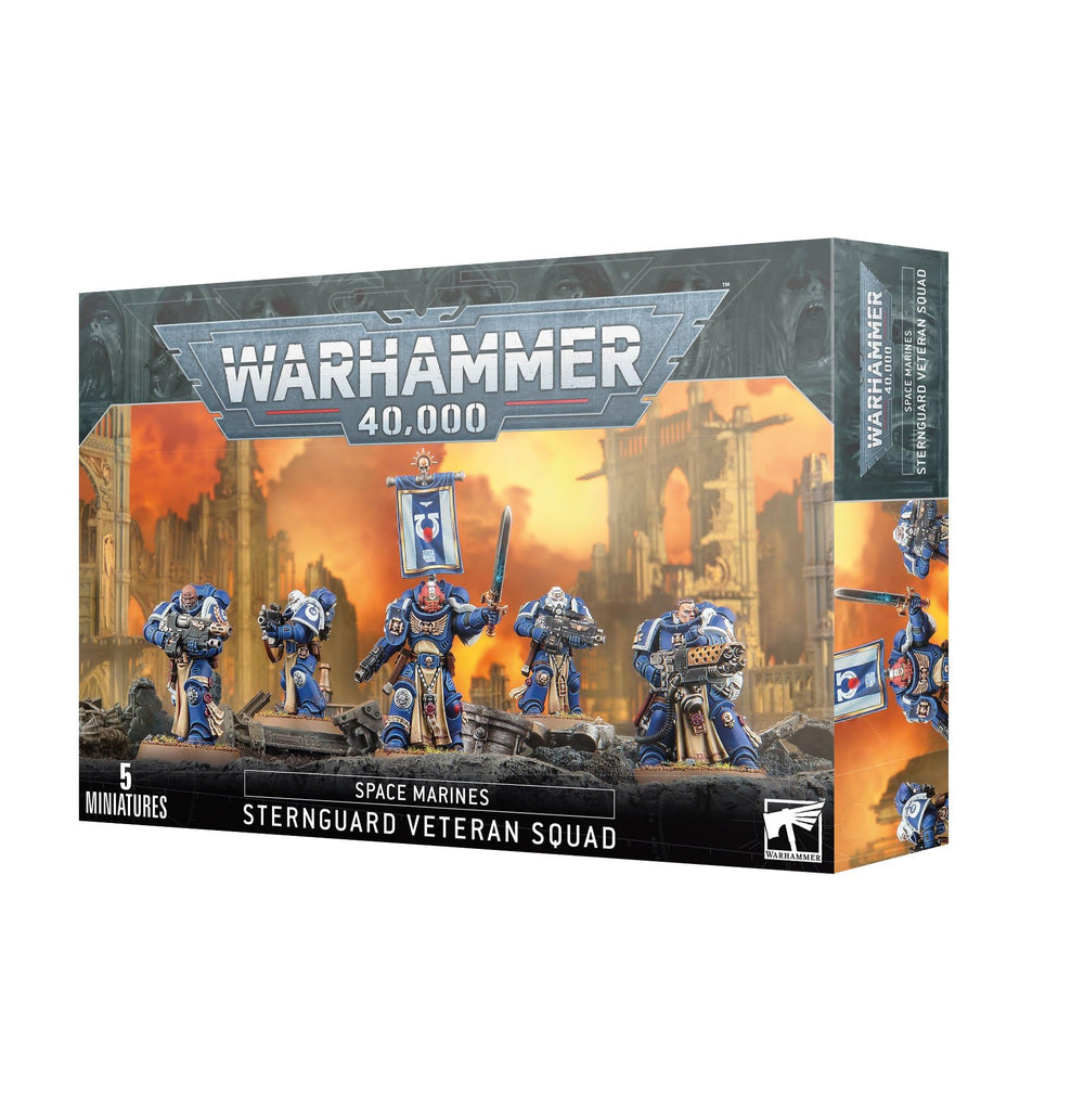 Games Workshop Sternguard Veteran assembly shot with varied weapon options for Space Marines.