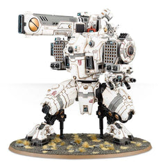 Games Workshop Stormsurge Tau miniature side view, showcasing angular armor for tabletop battles