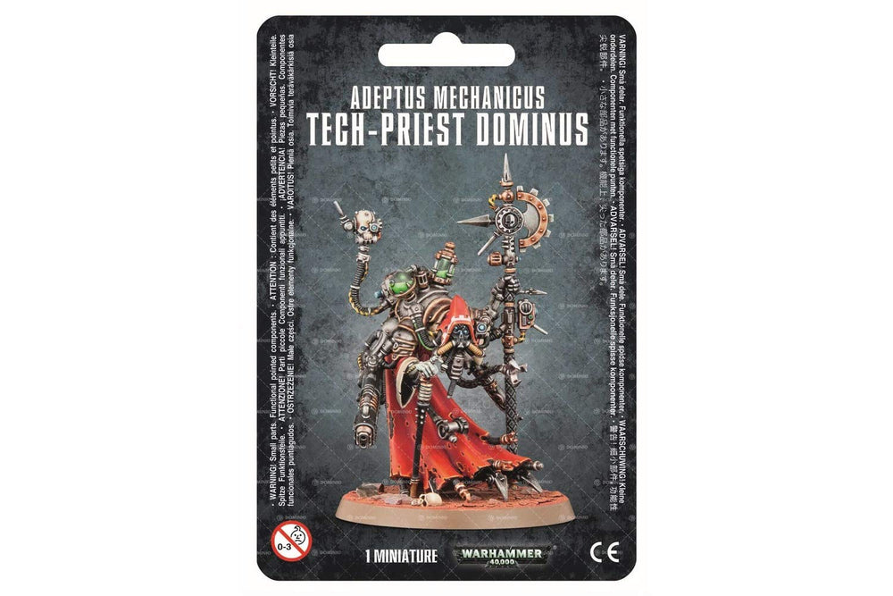Games Workshop Tech-Priest Dominus figure, front view, ideal for painting and tabletop battles.