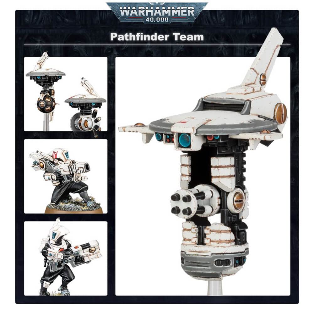 Games Workshop Tau Pathfinder Team miniatures for painting, crisp detail emphasized.