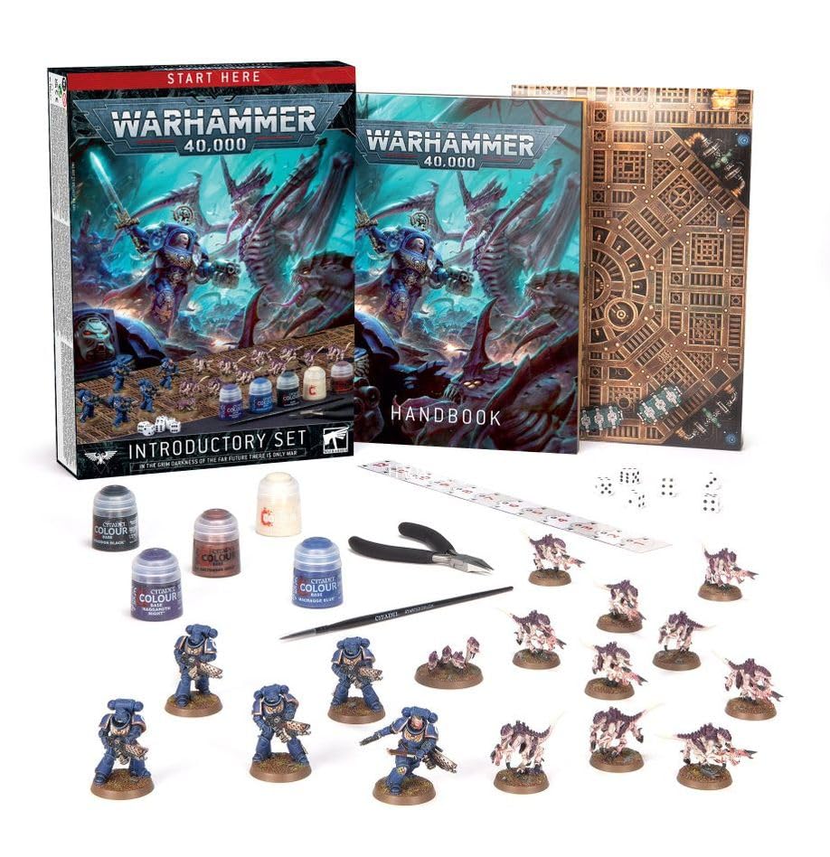 Games Workshop Warhammer 40,000 Introductory Set close-up of paints and tools for painting beginners