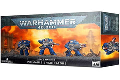 Games Workshop Space Marine Primaris Eradicators in black armor, ready for tabletop battles with melta weapons