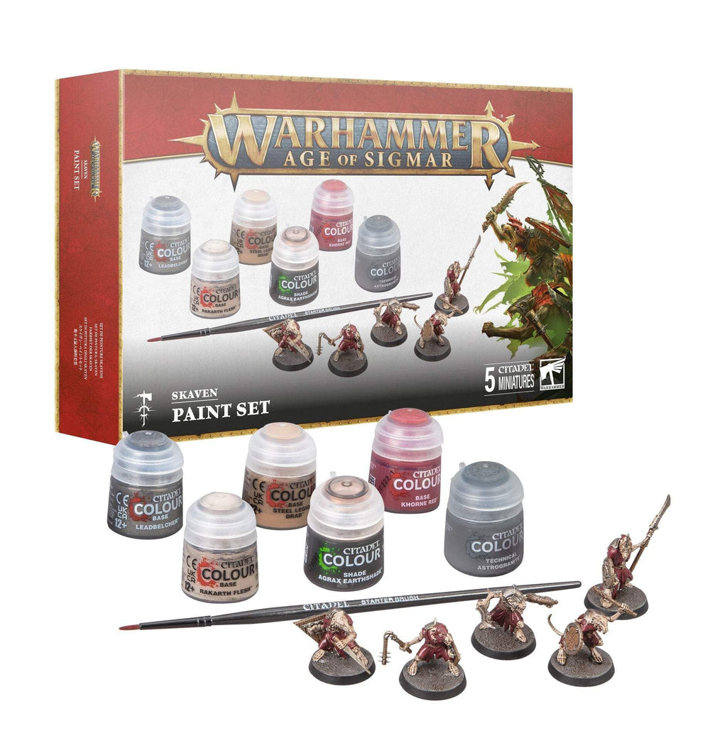 Games Workshop Warhammer Skaven paint set with five clanrat minis and starter paints for beginners