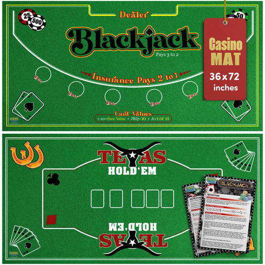 Gamie double-sided casino mat shows Texas Holdβem layout for home games