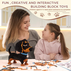 GaoDeBuChou 2100-piece model reveals lifelike dachshund details during construction.