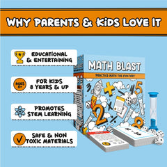 Gartana Games Math Blast equation cards cover addition to division for varied problem sets.