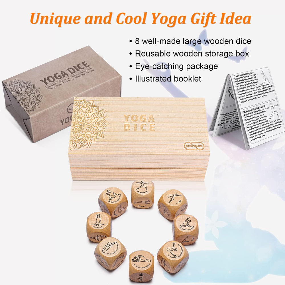 Garybank Yoga Dice laid out to show eight dice for varied workouts.