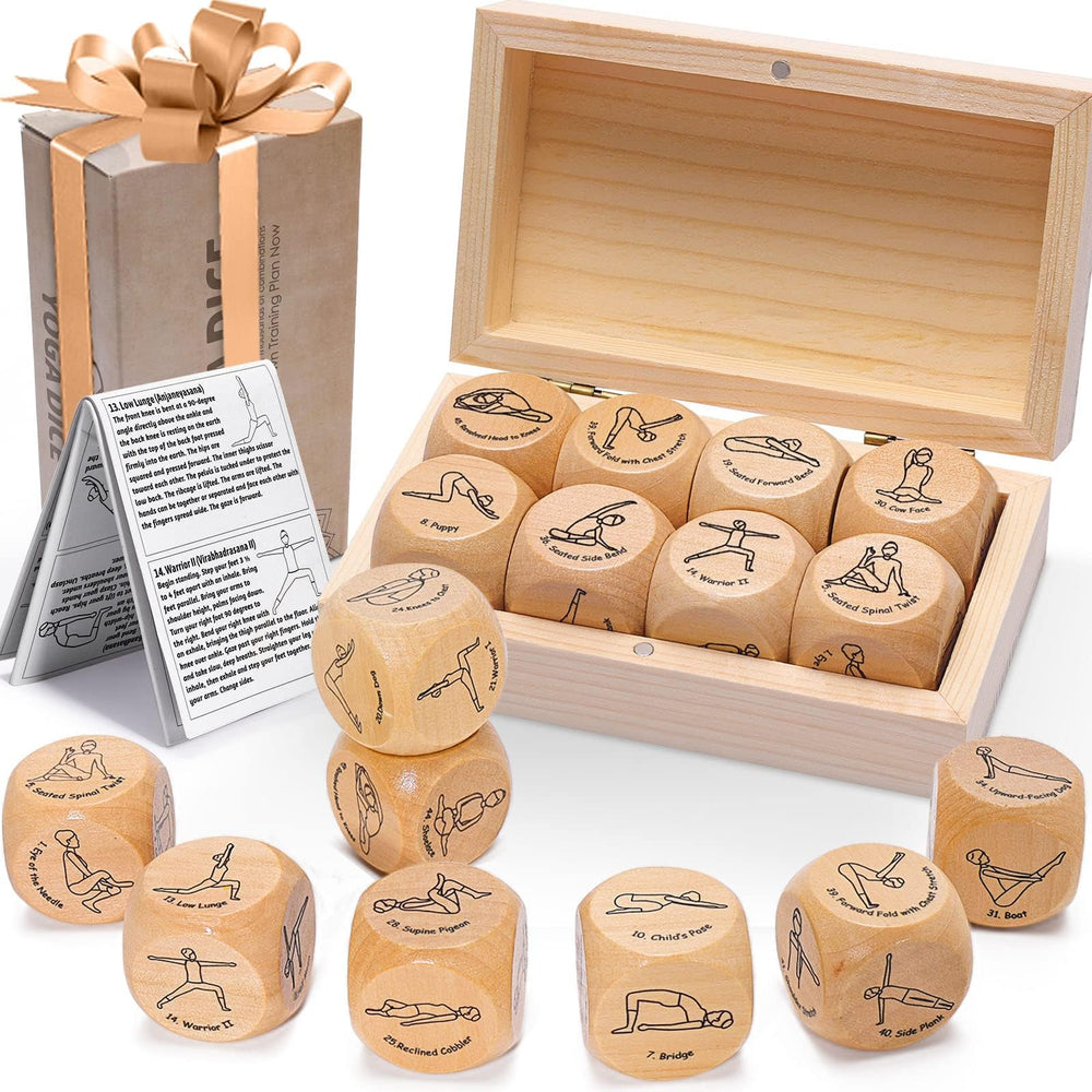 Garybank Yoga Dice in wooden box for easy gifting and storage.