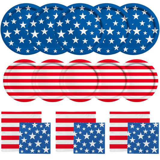 Gatherfun American flag dinner plate with bold stars and stripes for patriotic parties and easy cleanup.