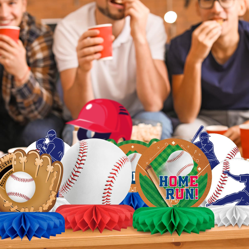 Gatherfun Baseball Honeycomb Centerpiece showing classic baseballs for nostalgic decor.