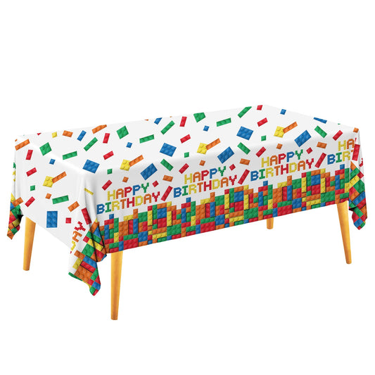 Gatherfun building block tablecloth 3-pcs pack with colorful blocks for a playful party setup.