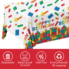 Gatherfun building-block tablecloth showing bright colors for a festive kids' party.