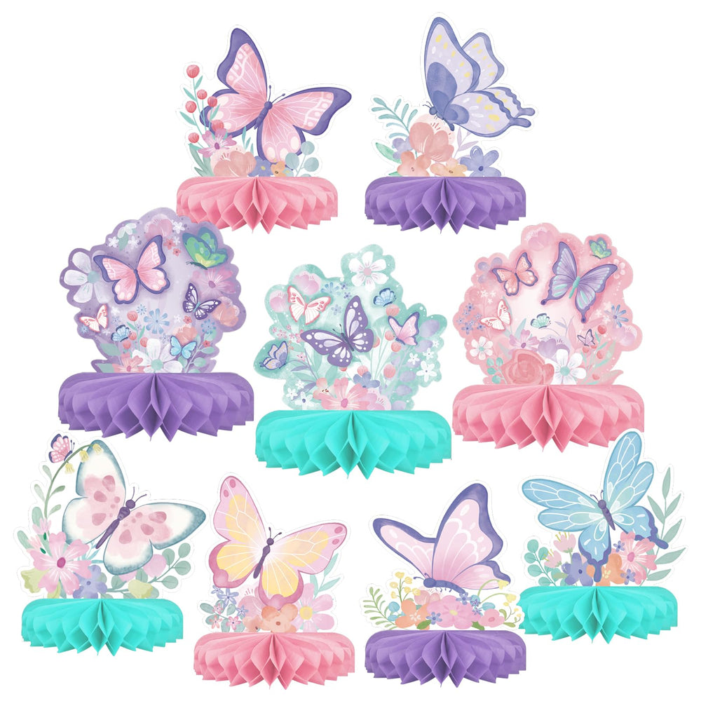 Gatherfun butterfly honeycomb centerpiece set enhances the party table with vibrant, eye-catching decor.