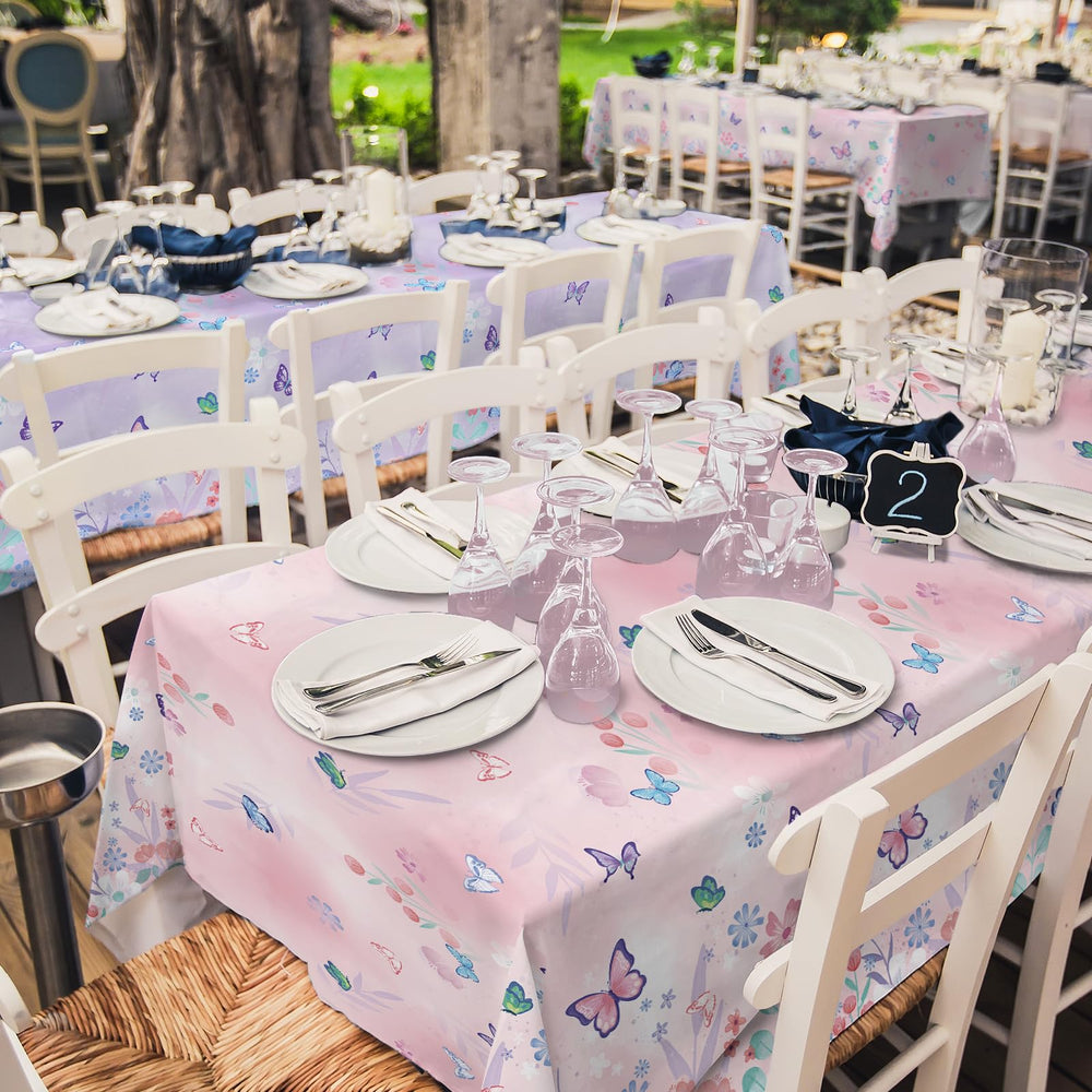 Gatherfun butterfly tablecloth offers spill-safe protection for easy cleanup.