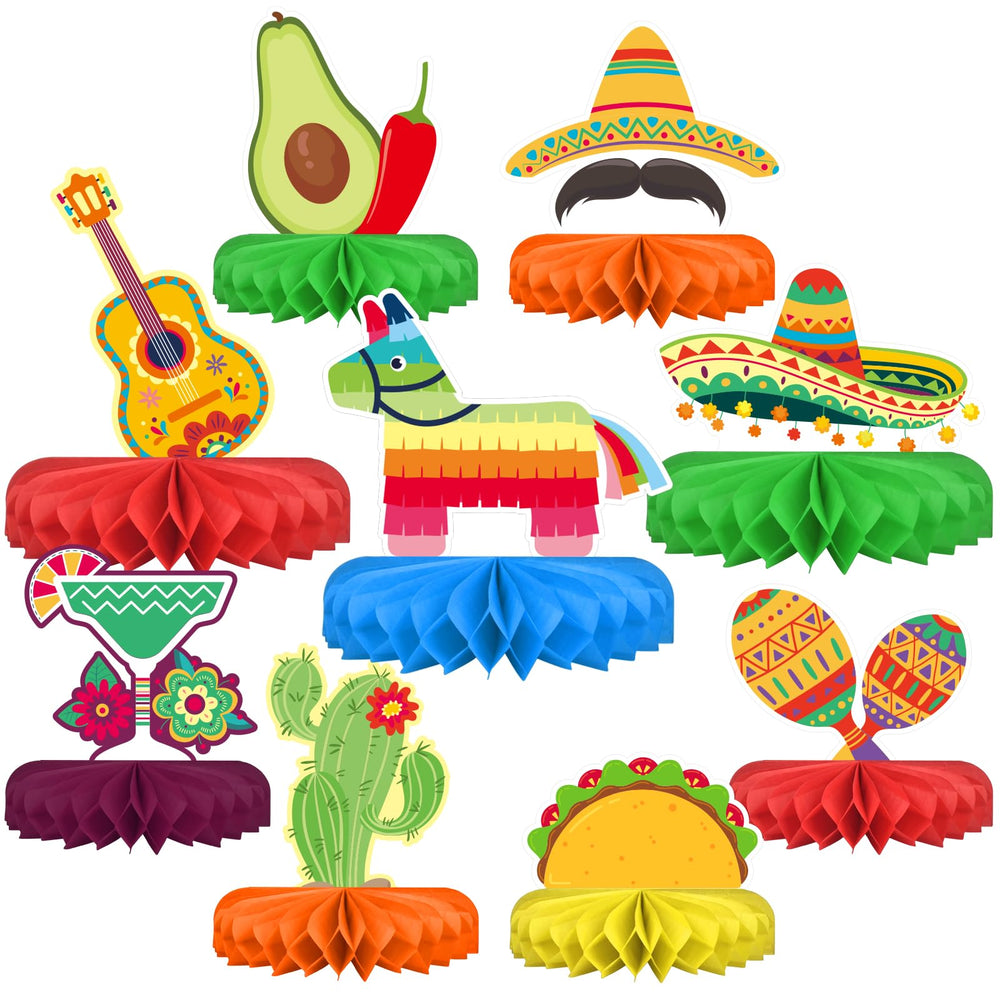 Gatherfun fiesta centerpieces with colorful honeycomb bases for festive Cinco de Mayo decor.