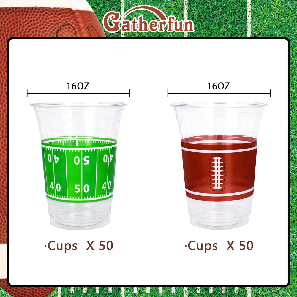 Gatherfun football-pattern cups showcase yard lines for party decor