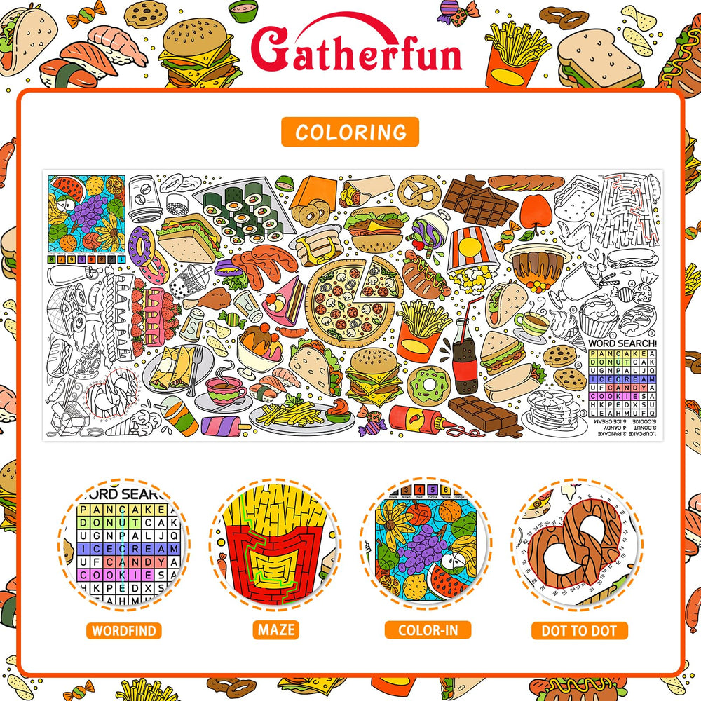 Gatherfun puzzles on poster include word find and maze for problem-solving play.