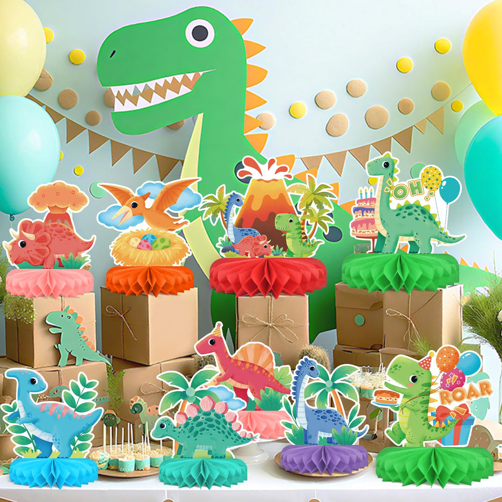 Gatherfun volcano decor complements the dinosaur table setting