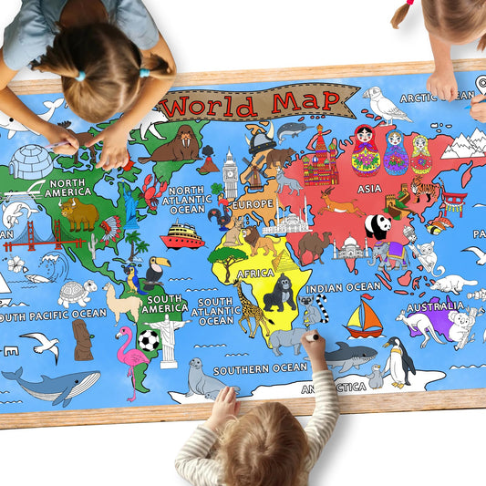 Gatherfun World Map Giant Coloring Poster used as wall decor to spark classroom collaboration.