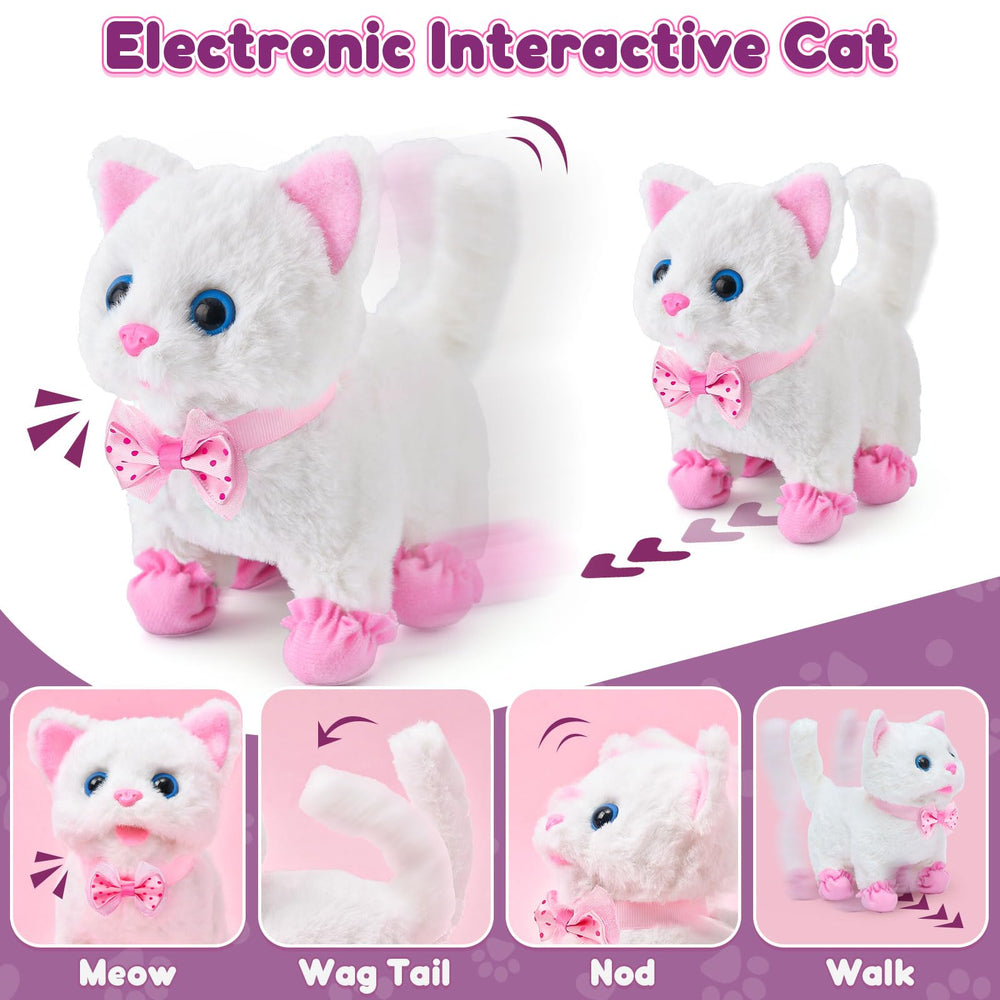 G.C Cat Toys interactive cat uses batteries for lifelike walking and meowing fun.