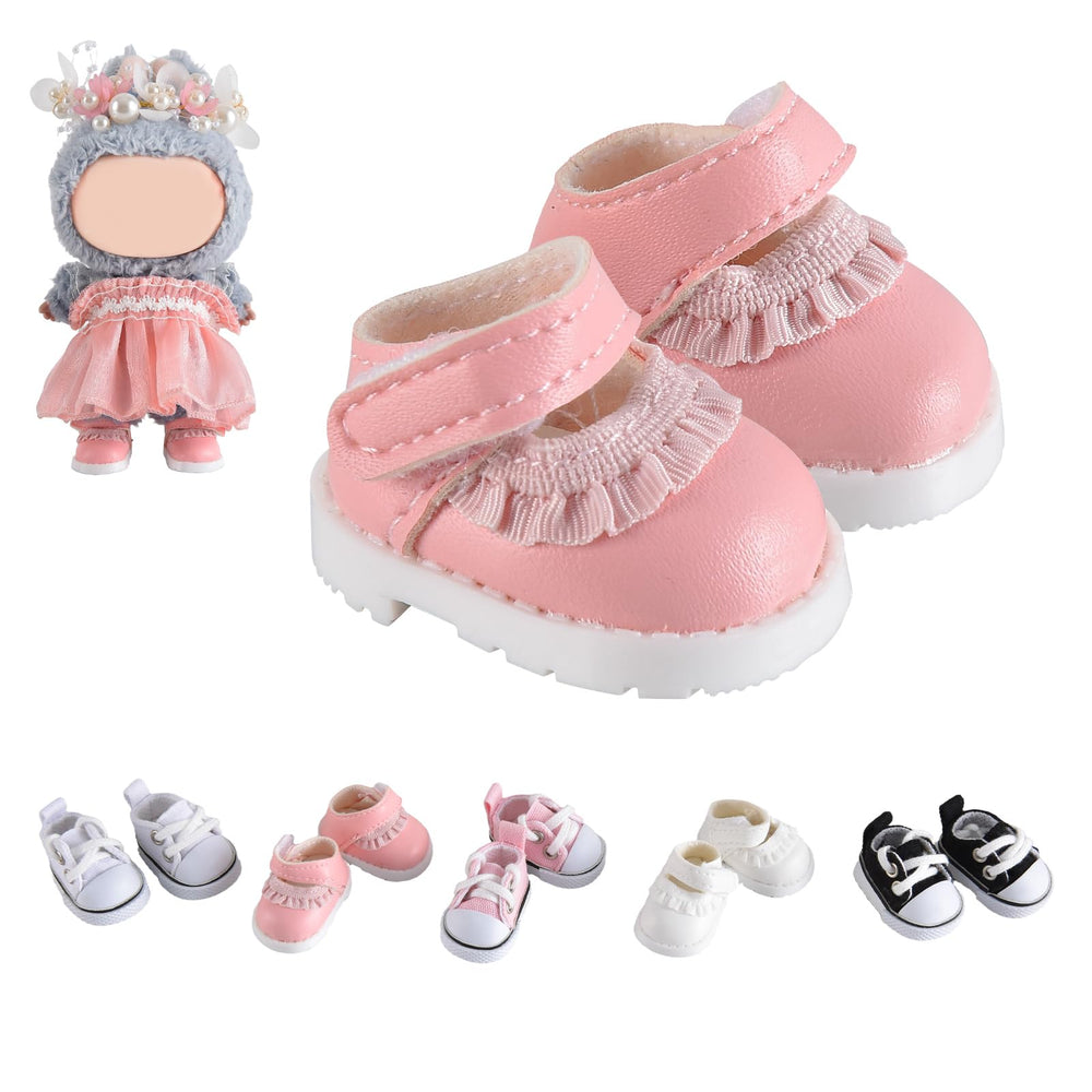 GDLSYLGHY Labubu doll shoes with pink laces; front view, stylish outfits.