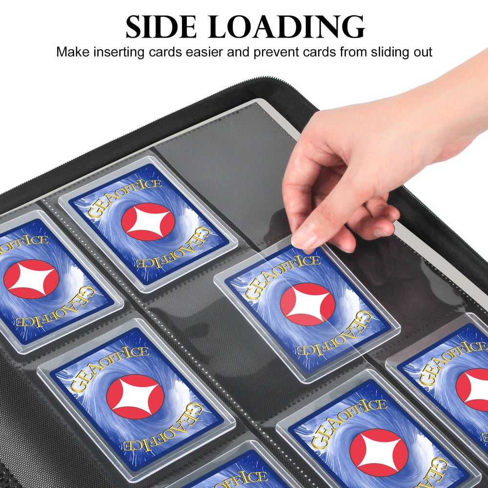 GEAoffice binder opened to reveal 324-card capacity and organized layout