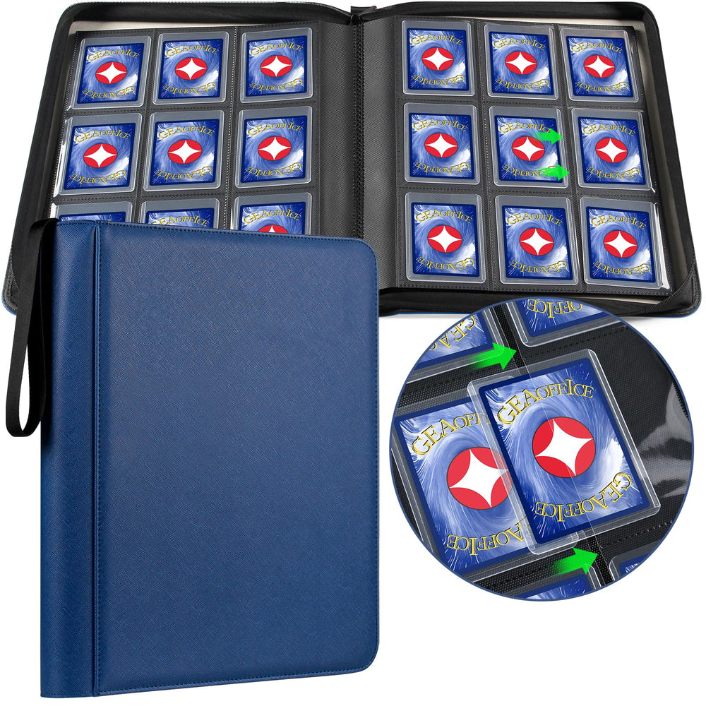 GEAoffice blue top loader binder with 324-card capacity for MTG and sports cards.