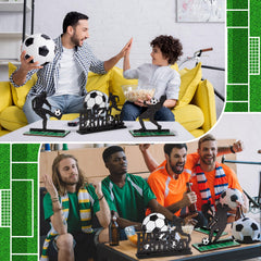Geetery soccer field motif enhances photo-friendly table styling.