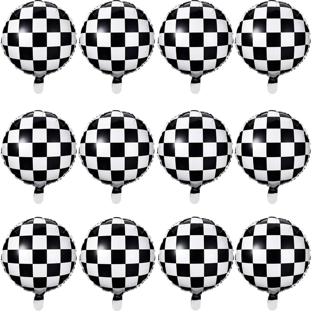 Gejoy checkerboard balloon 18-inch close-up shows glossy racing vibe.