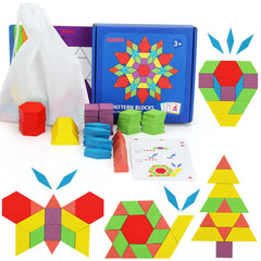 GEMEM 155-pcs wooden pattern blocks set showcases bright colors for hands-on geometry learning.