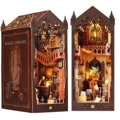 GEMOWN DIY Book Nook Kit front view with complete miniature library display.