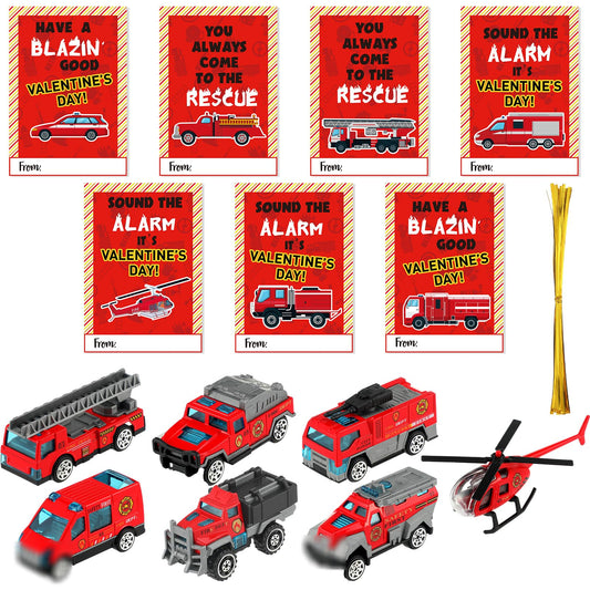 Gemscream 28 valentines fire-truck-set displayed for gift exchanges and party favors.