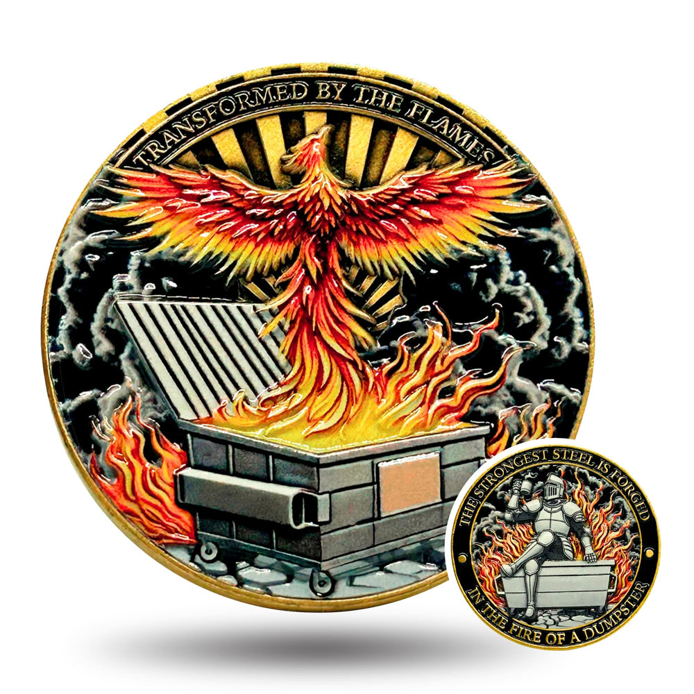 Generic Dumpster Fire Coin featuring the phoenix design for daily motivation on your desk.