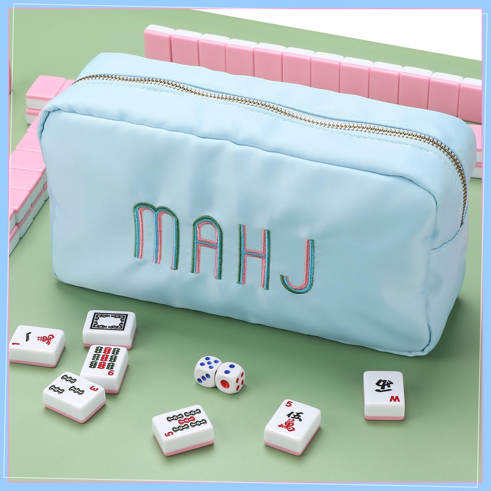 Generic Mahjong Bag shows the colorful MAHJ embroidery on light blue fabric.